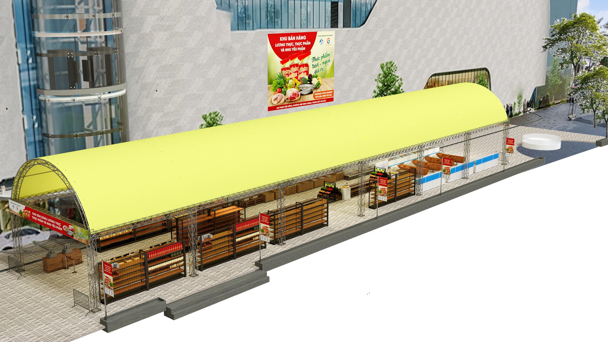 Mô hình Nhà bạt phục vụ cho việc tổ chức Khu bán hàng Lương thực thực phẩm Giga Market tại sảnh ngoài tòa nhà Gigamall